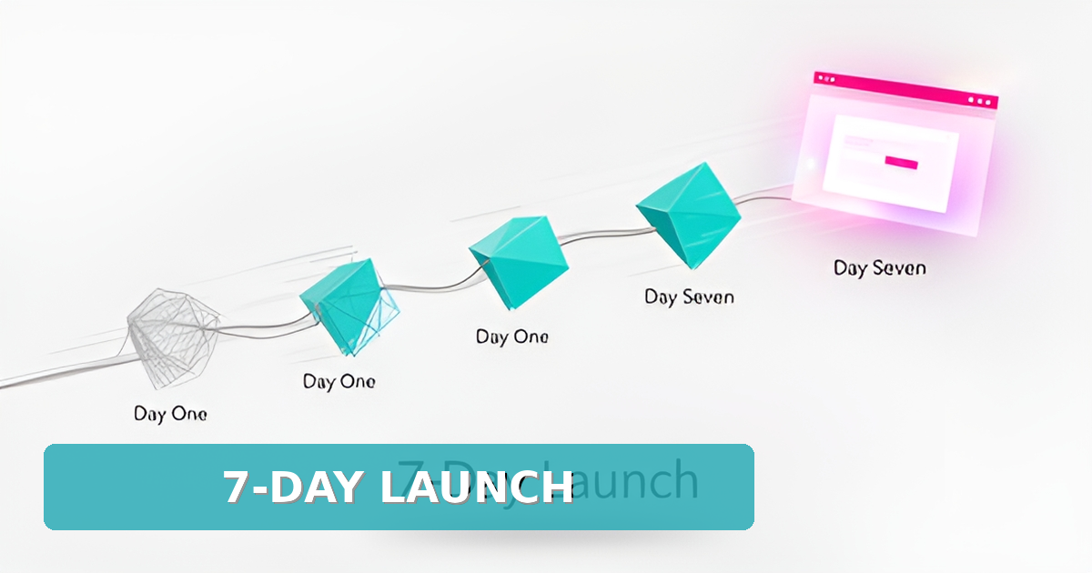 Flat illustration of a seven-step timeline leading from wireframe to a live website, accented in teal and magenta, with the headline 7-Day Launch.